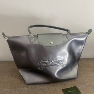 LONGCHAMP Le Pliage Equestrian Embossed Coated Canvas  Silver